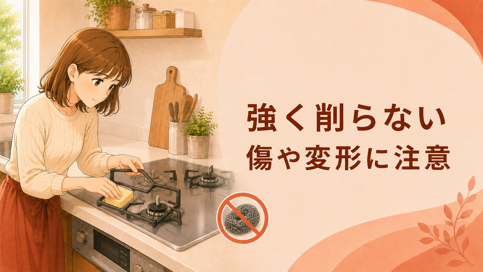 五徳を金属たわしで強く削らず柔らかいスポンジを使うことを確認する様子