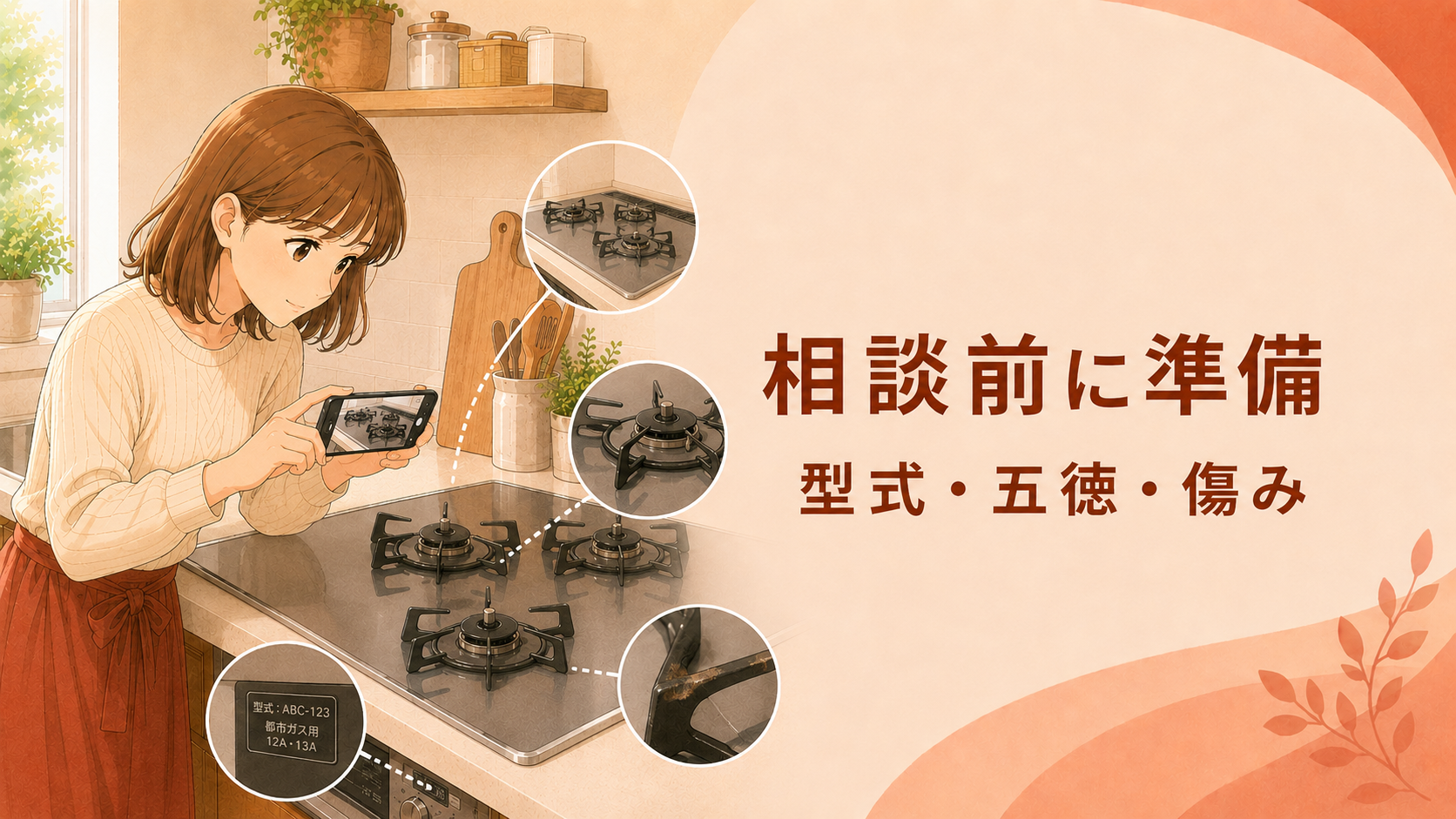 相談前にガスコンロの型式や五徳の汚れ、変形、傷みをスマートフォンで撮影する様子