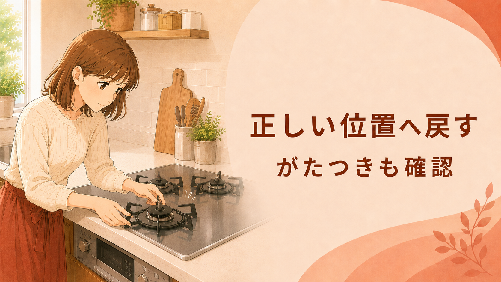 十分に乾いた五徳をガスコンロの正しい位置へ戻してがたつきを確認する様子