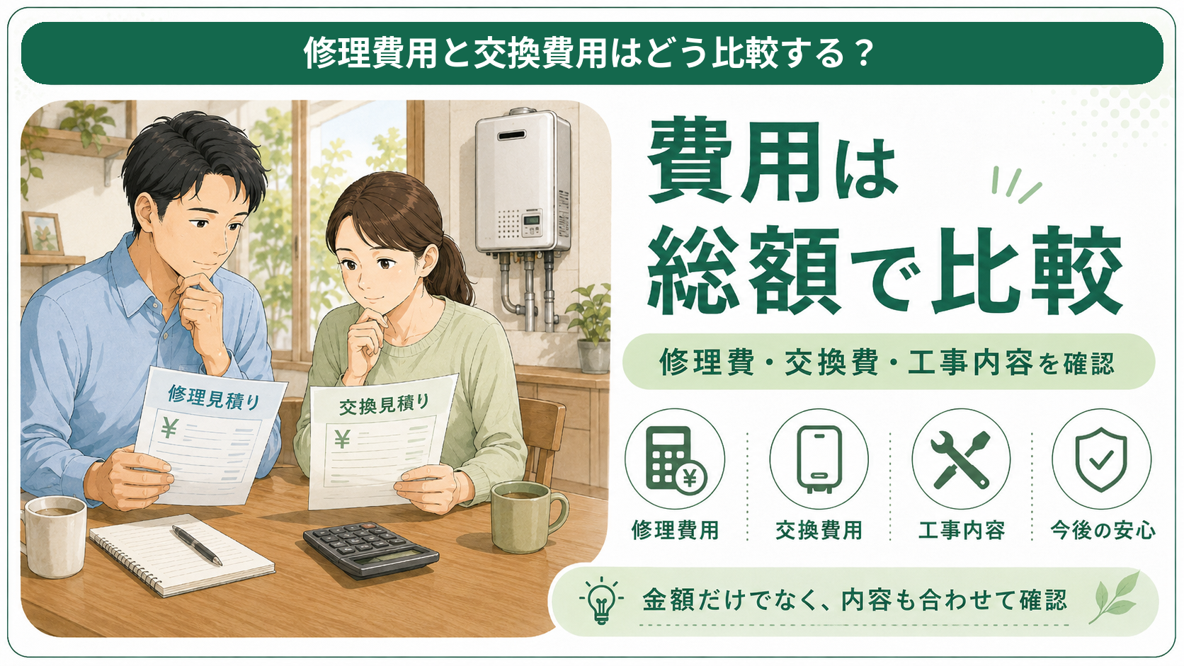 給湯器の修理見積もりと交換見積もりの内訳を比較する家族