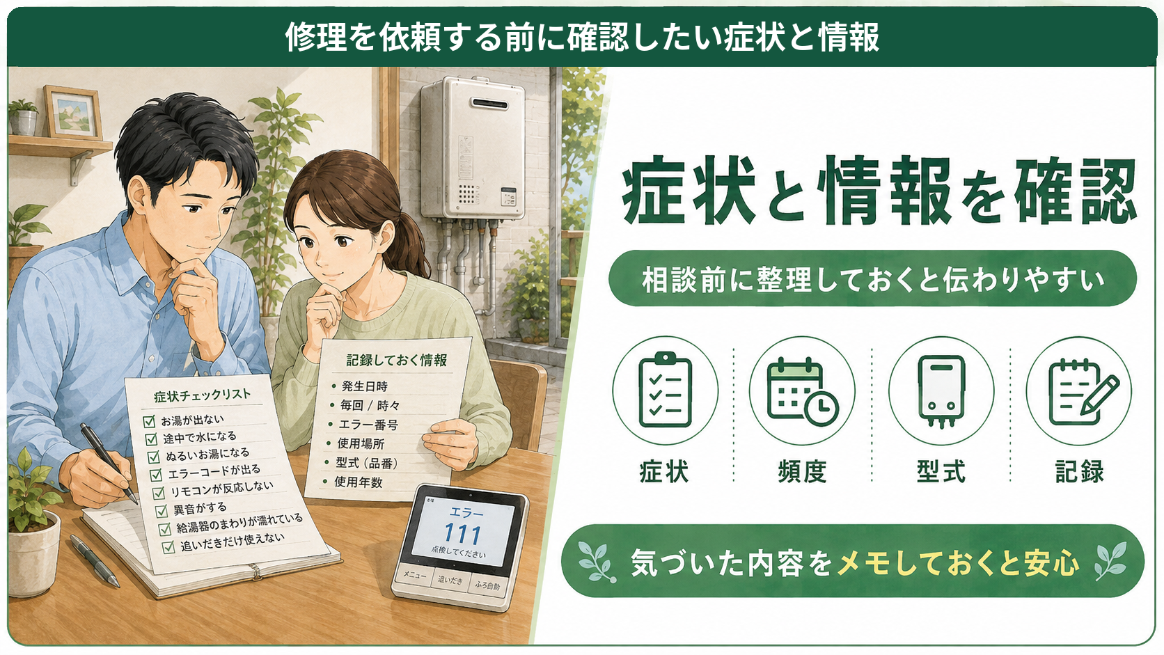 給湯器リモコンのエラー表示と症状を記録する家庭