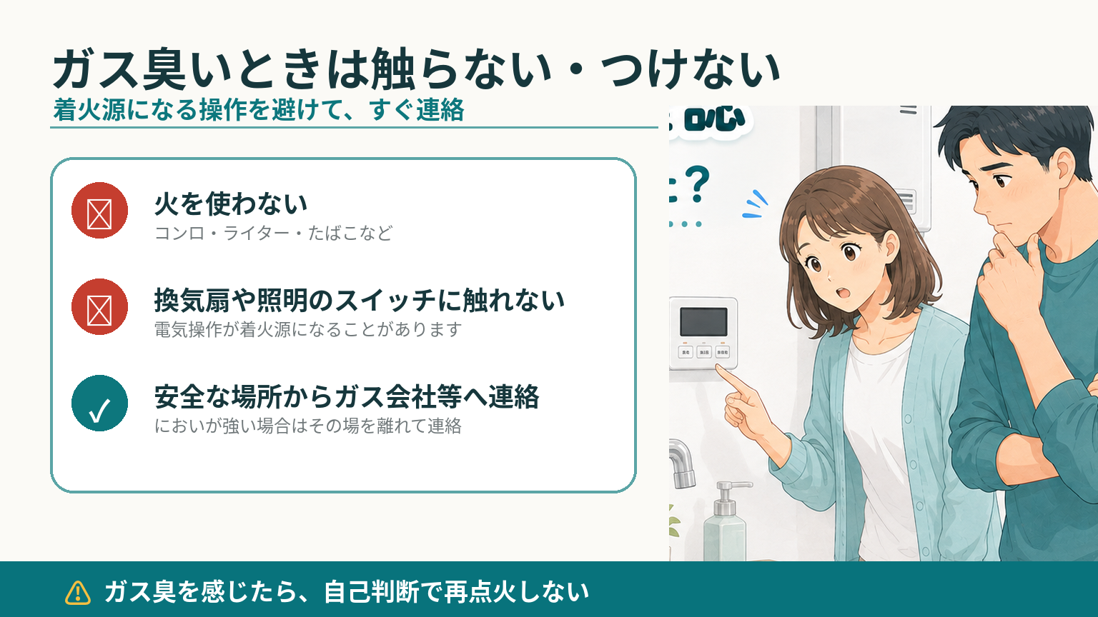 給湯器からガスのようなにおいを感じたときに火気や電気スイッチを避け安全に連絡する
