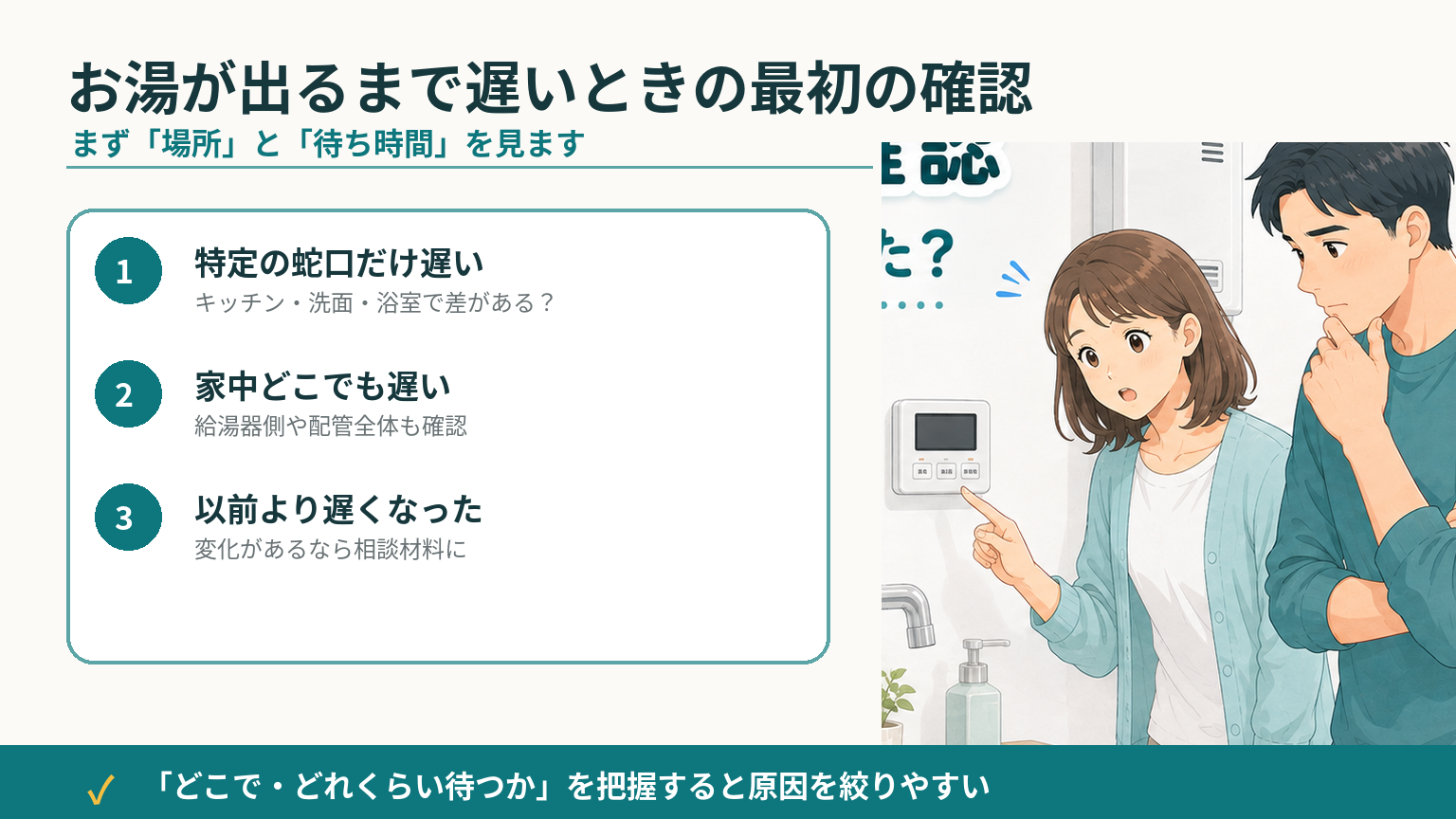 お湯が出るまで遅いときに最初に確認したい場所・季節・以前との変化など