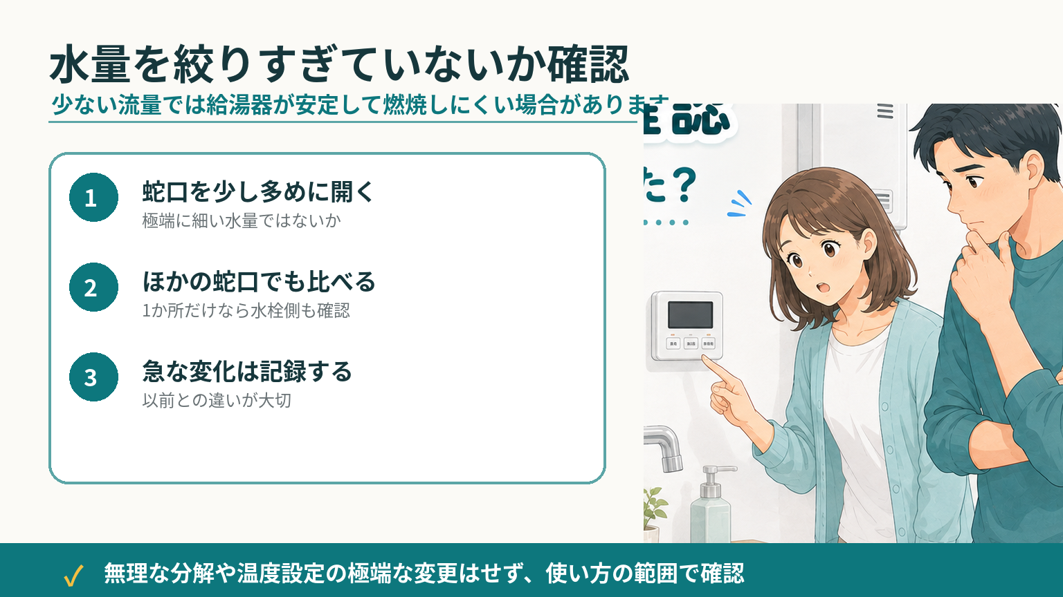 お湯が出るまで遅いときに蛇口やシャワーの水量を確認する