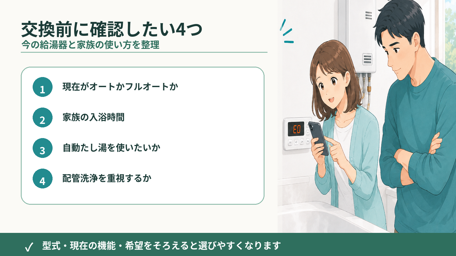 給湯器をオートかフルオートへ交換する前に確認したい現在の機能や家族の使い方