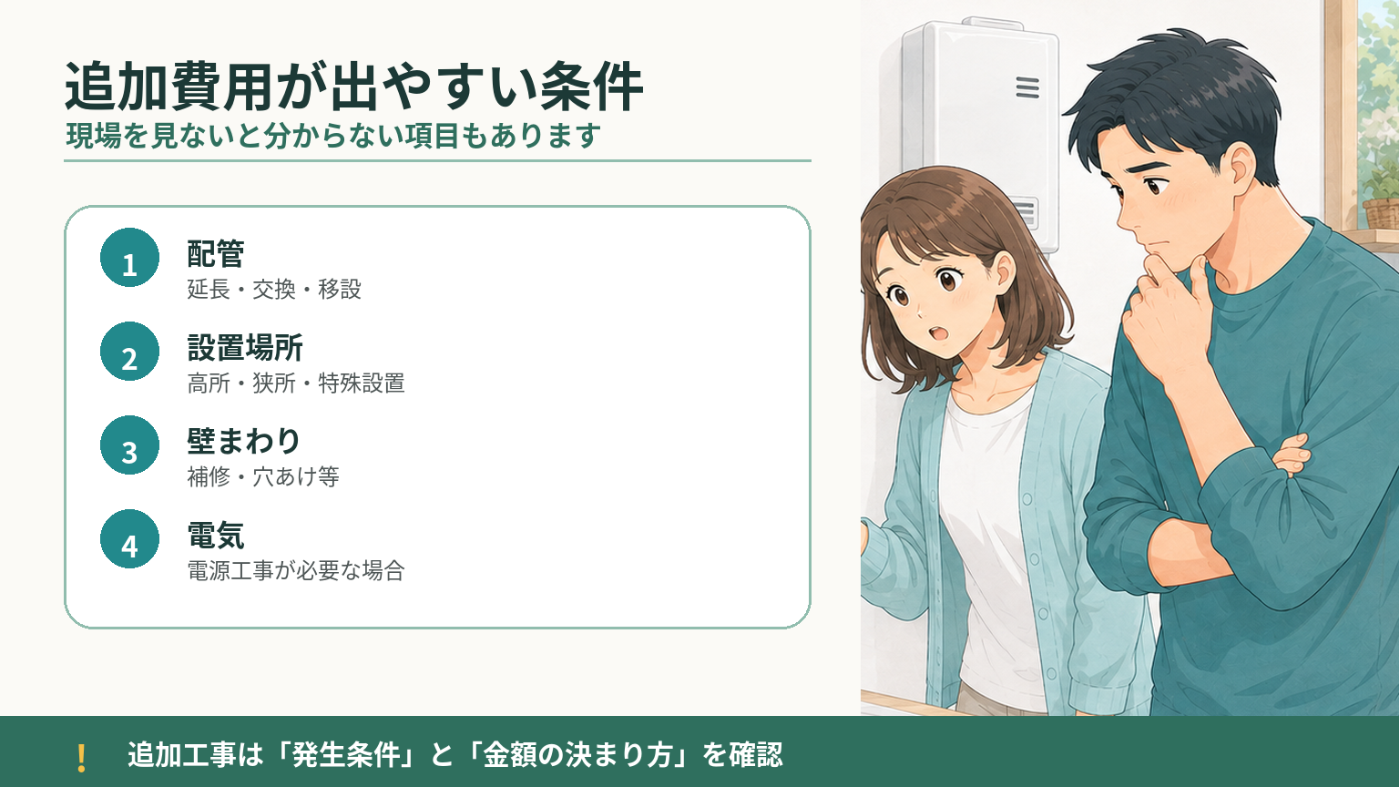 給湯器交換で追加費用が発生しやすい配管・設置場所・部材などの条件