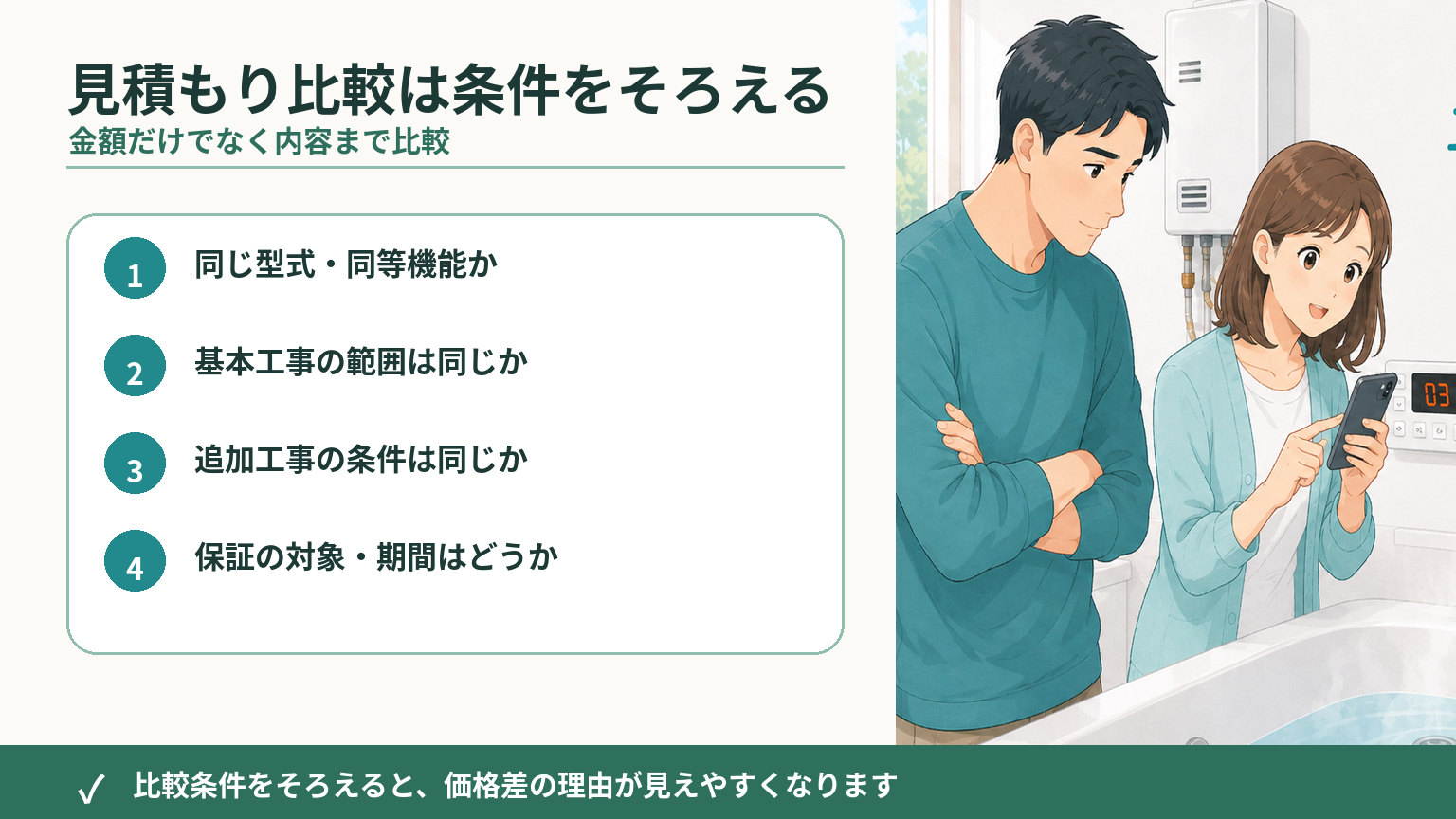 複数の給湯器交換見積もりを同じ型式・工事範囲・保証条件で比較する