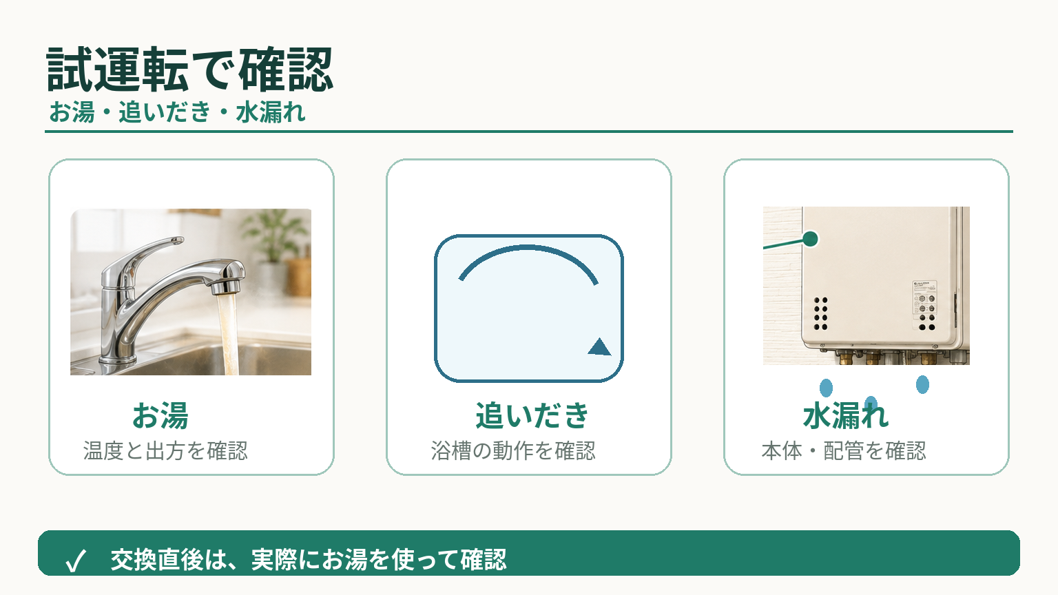 給湯器交換後の試運転でお湯・追いだき・水漏れを確認するポイント