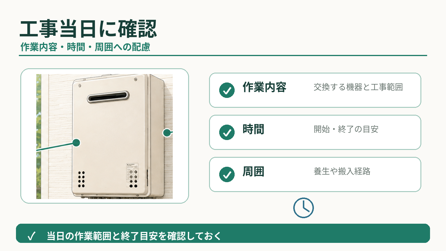 給湯器交換の工事当日に作業内容や設置状況を確認するポイント