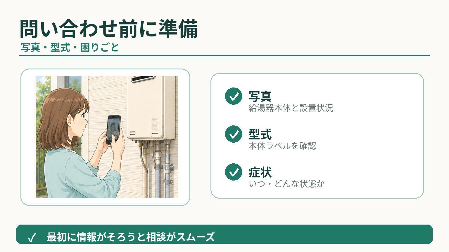 給湯器交換の問い合わせ前に本体全体・型式・設置状況を確認する準備
