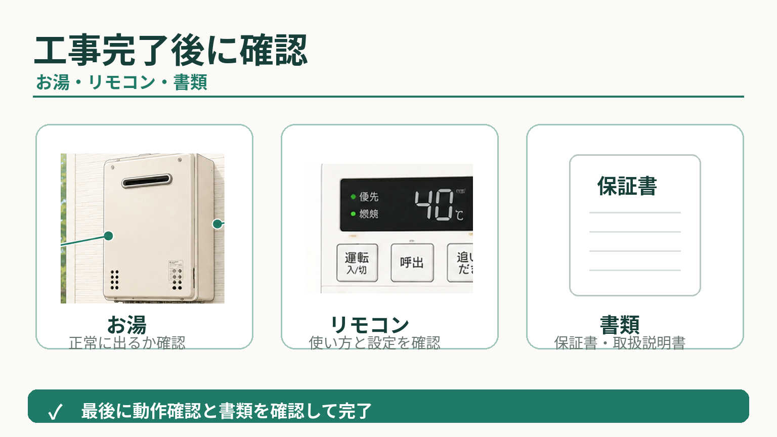 給湯器交換工事完了後にお湯・リモコン・本体・保証書を確認するポイント