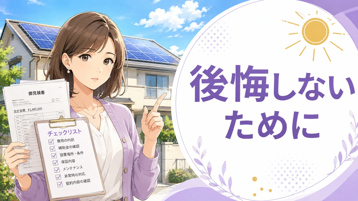 見積書を見ながら太陽光発電の注意点を確認する日本人女性のイラスト