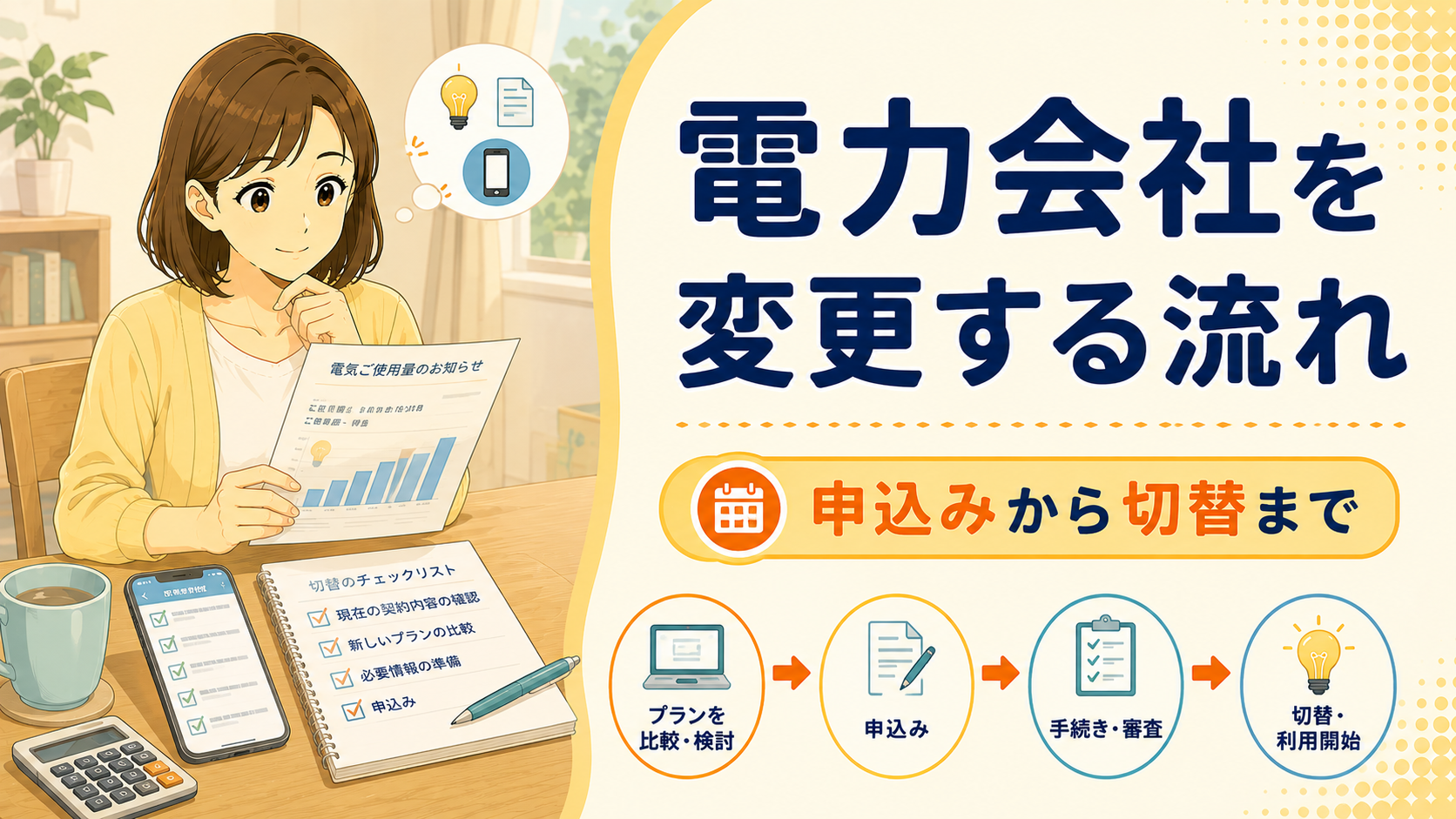 電力会社の切替手順を確認する女性