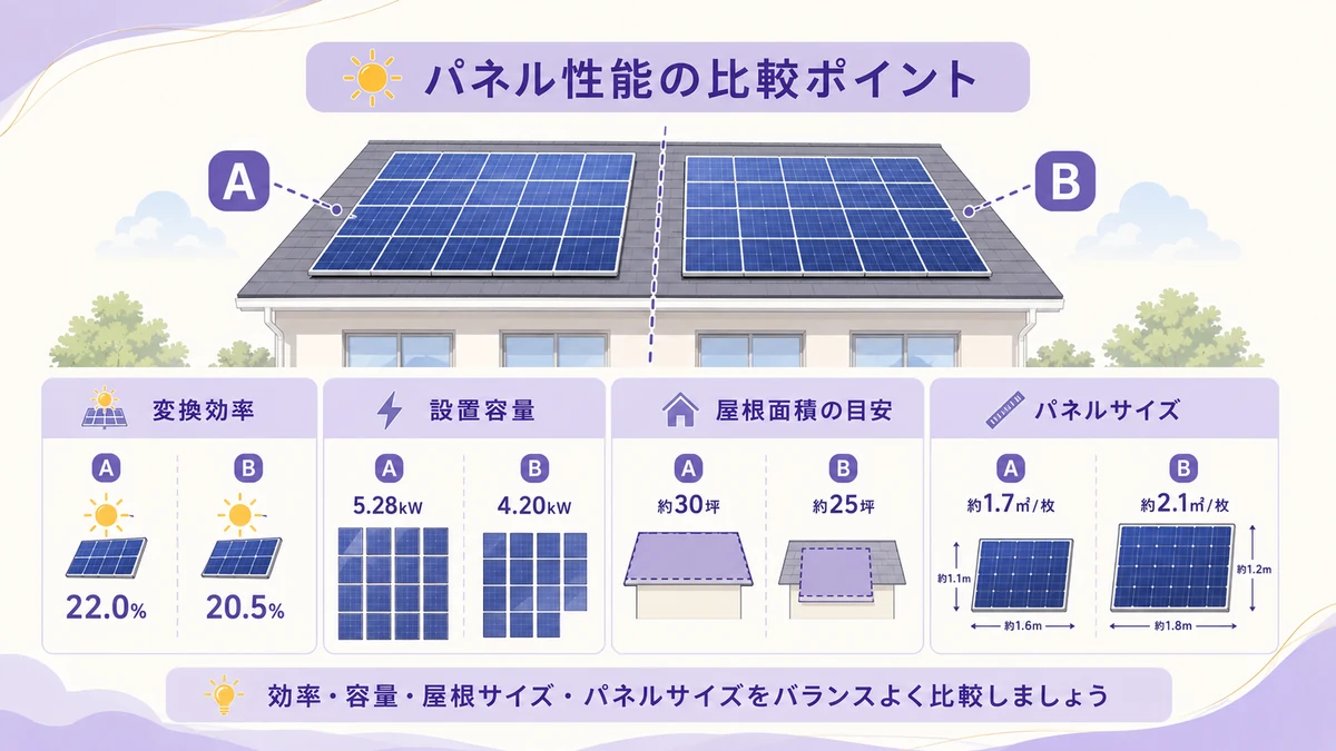 太陽光パネルの変換効率と搭載容量の違いを整理した図解