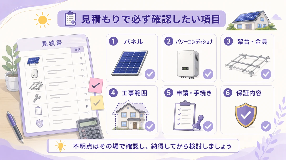 太陽光発電の見積書で確認したい設備内容を整理した図解