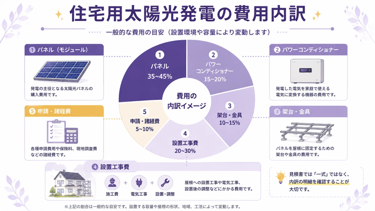 住宅用太陽光発電の費用内訳を分かりやすく示す図解