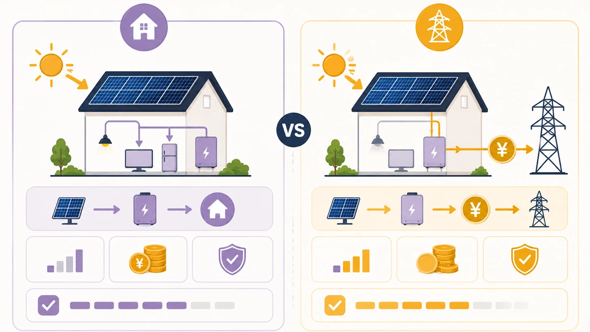 太陽光発電の自家消費と売電の違いを示す住宅向け図解