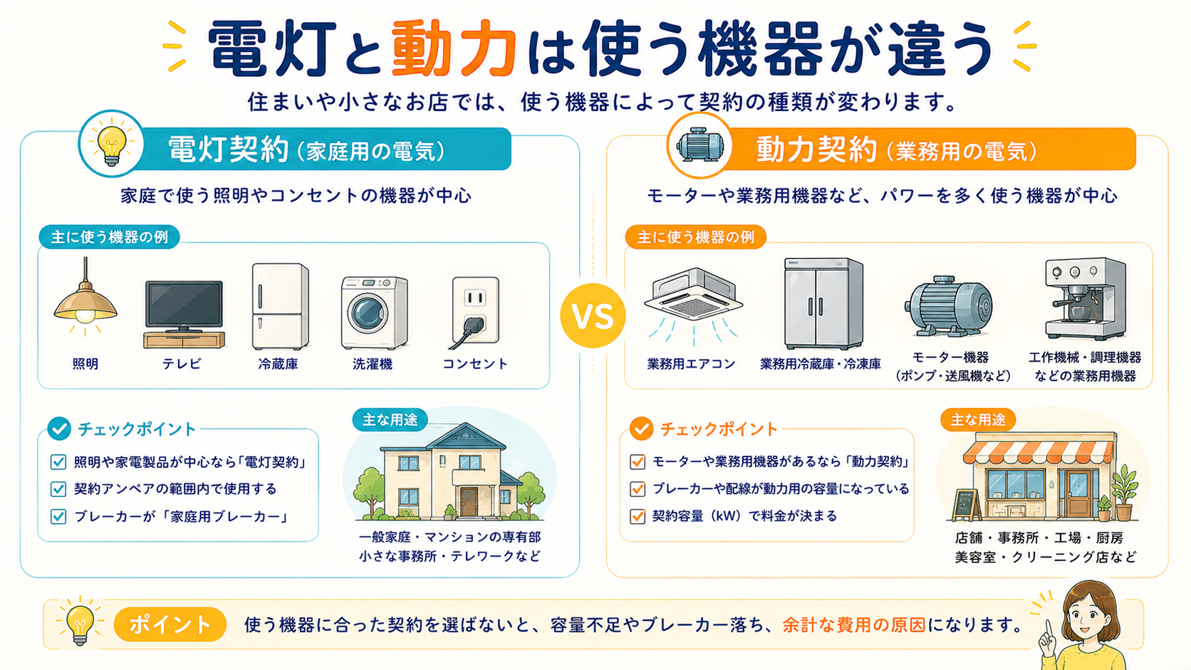 電灯契約と動力契約の違いを左右比較した図解
