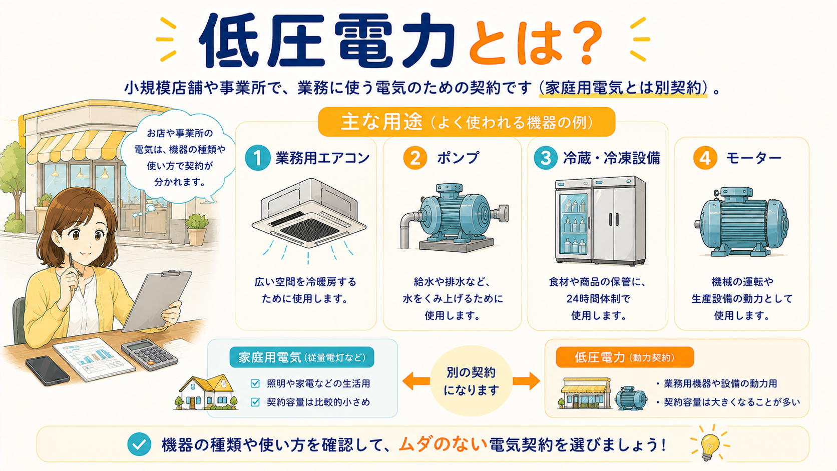 低圧電力が業務用機器に使われることを示す図解