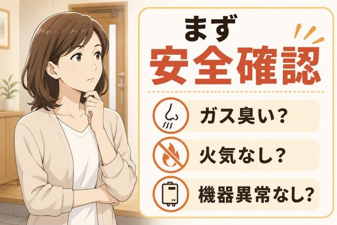ガスメーターでガスが止まったときにガス臭さや火気、機器異常を確認する女性