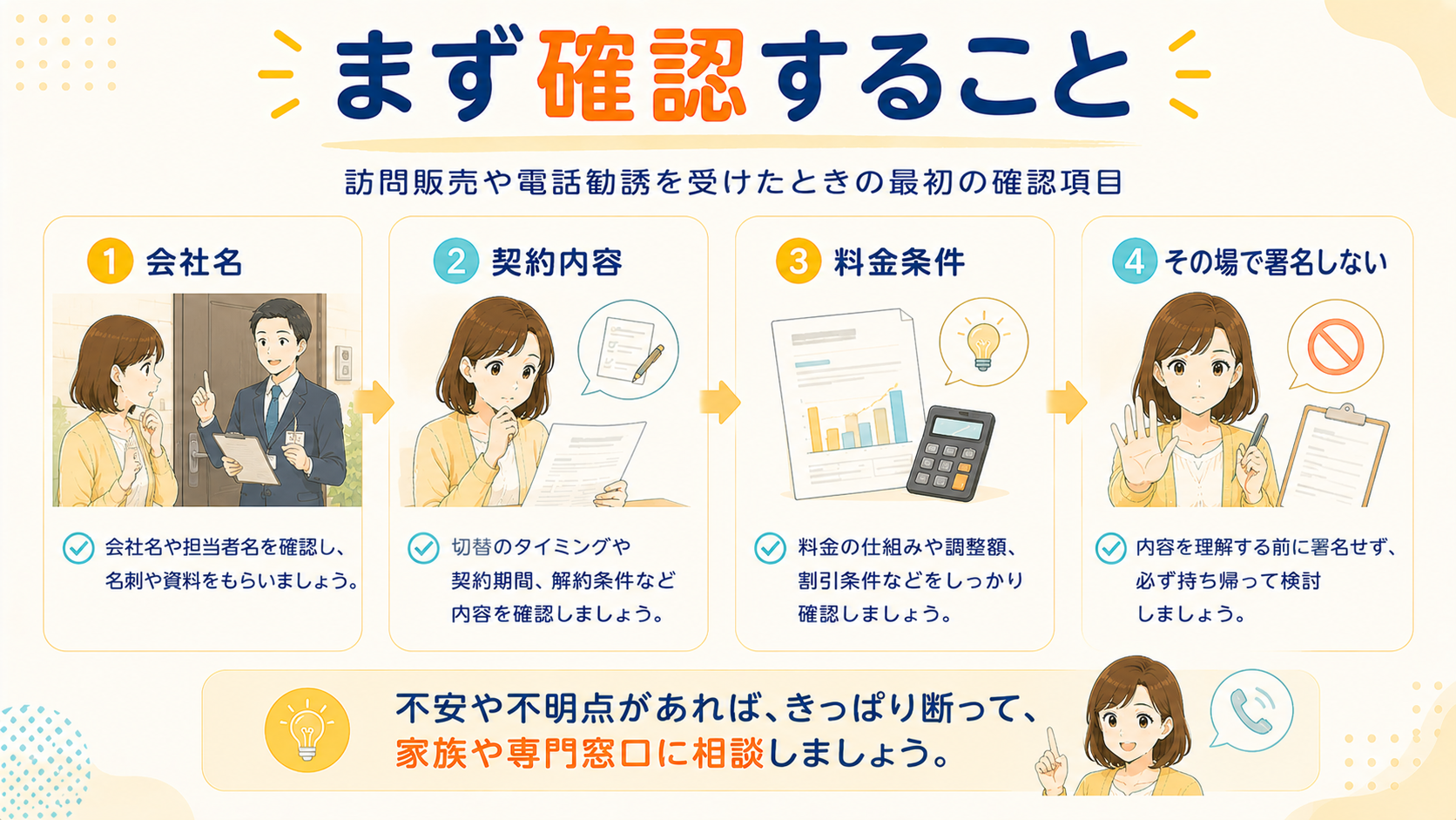 訪問販売や電話勧誘で最初に確認する項目の図解