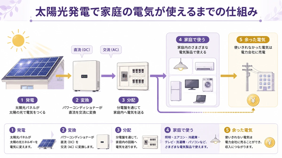 太陽光発電で家庭の電気が使えるまでの仕組みを分かりやすく示す図解