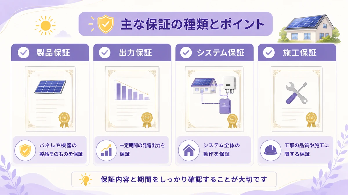 太陽光パネルの製品保証と出力保証を比較する図解