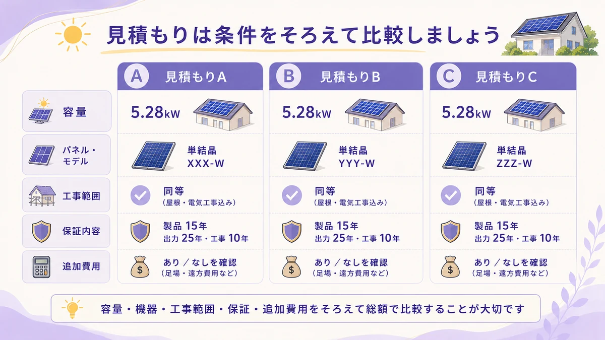 複数の太陽光発電見積もりを同じ条件に揃えて比較する図解