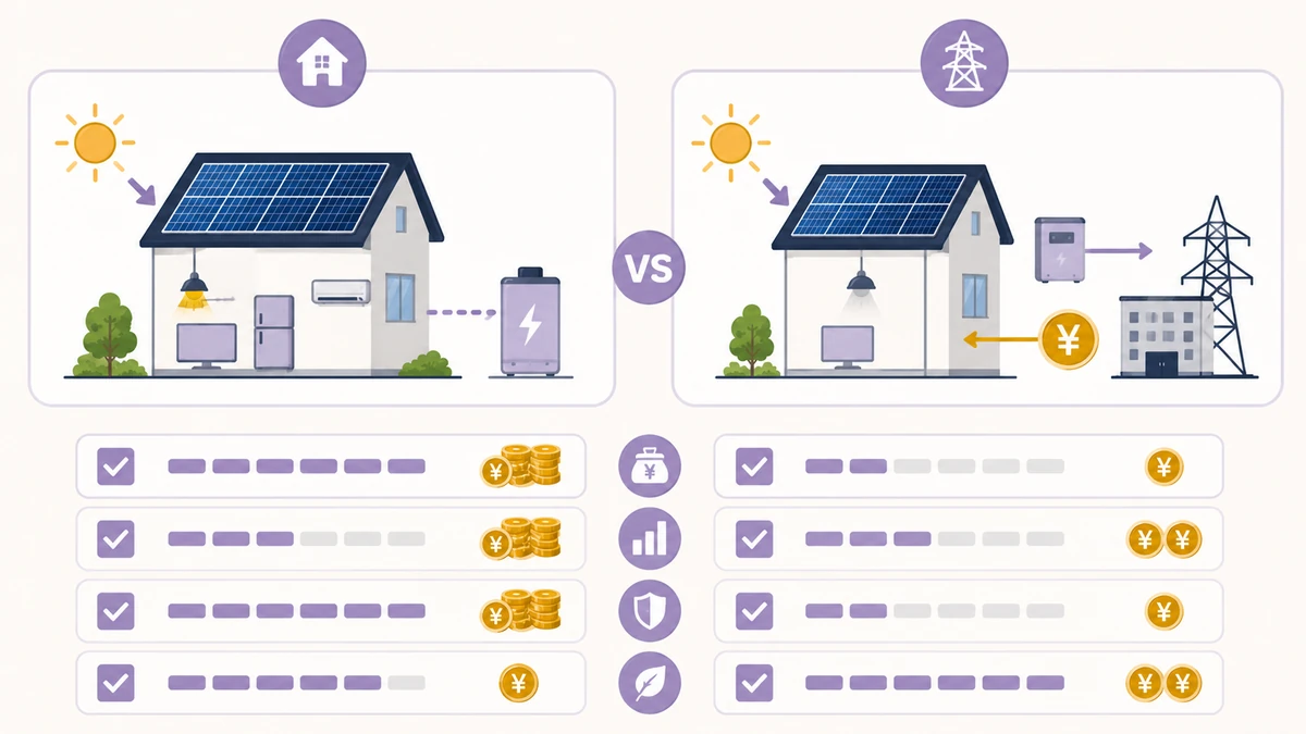 太陽光発電の自家消費と売電の関係を比較する図解