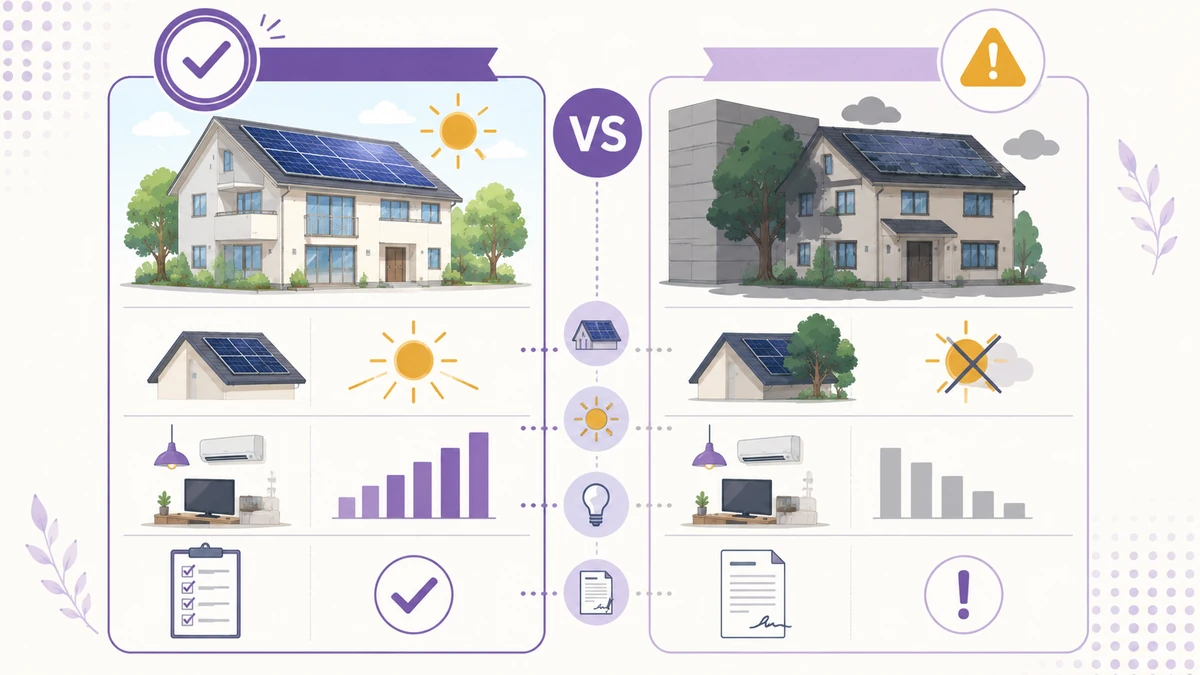太陽光発電に向いている家と慎重に考えたい家の違いを示す比較図