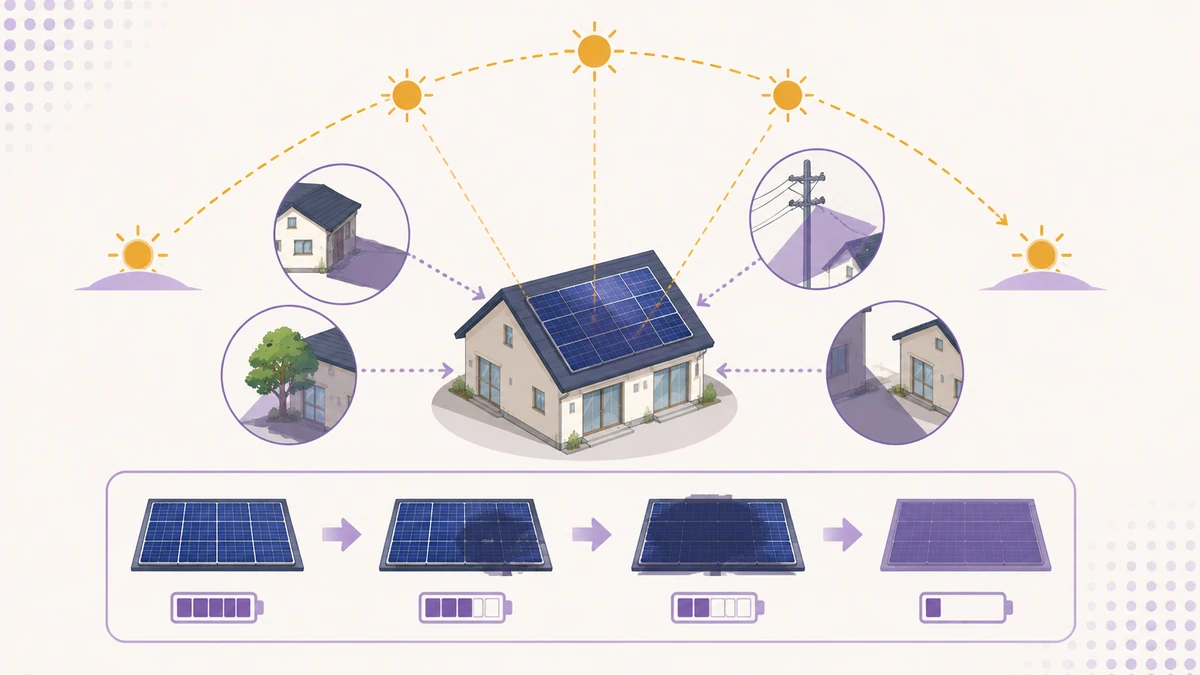 屋根や周辺物の影が太陽光発電量に与える影響を示す図解
