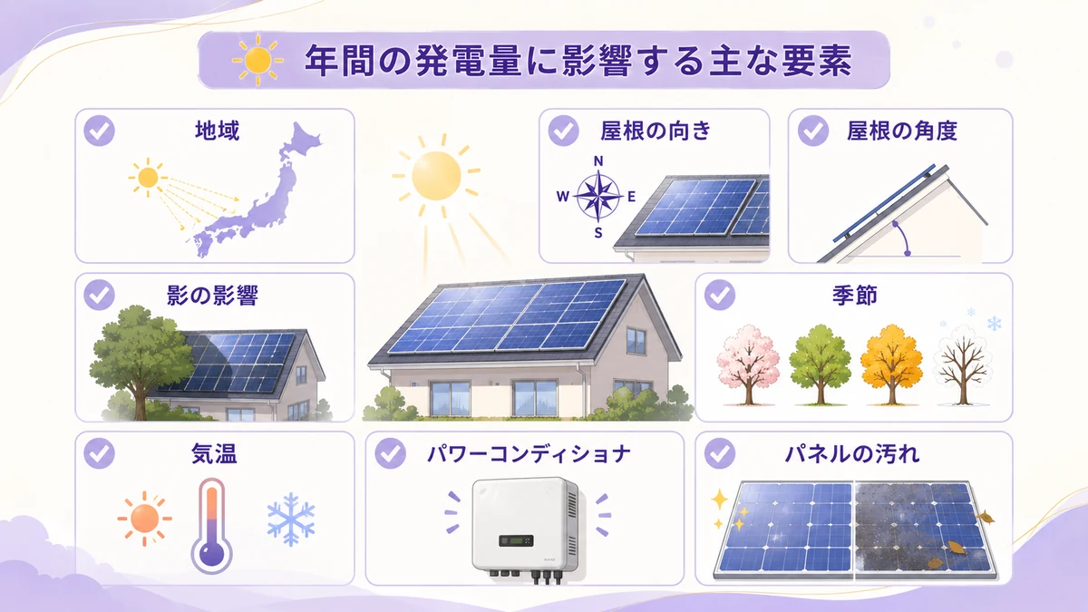 太陽光発電の年間発電量を左右する条件をまとめた図解