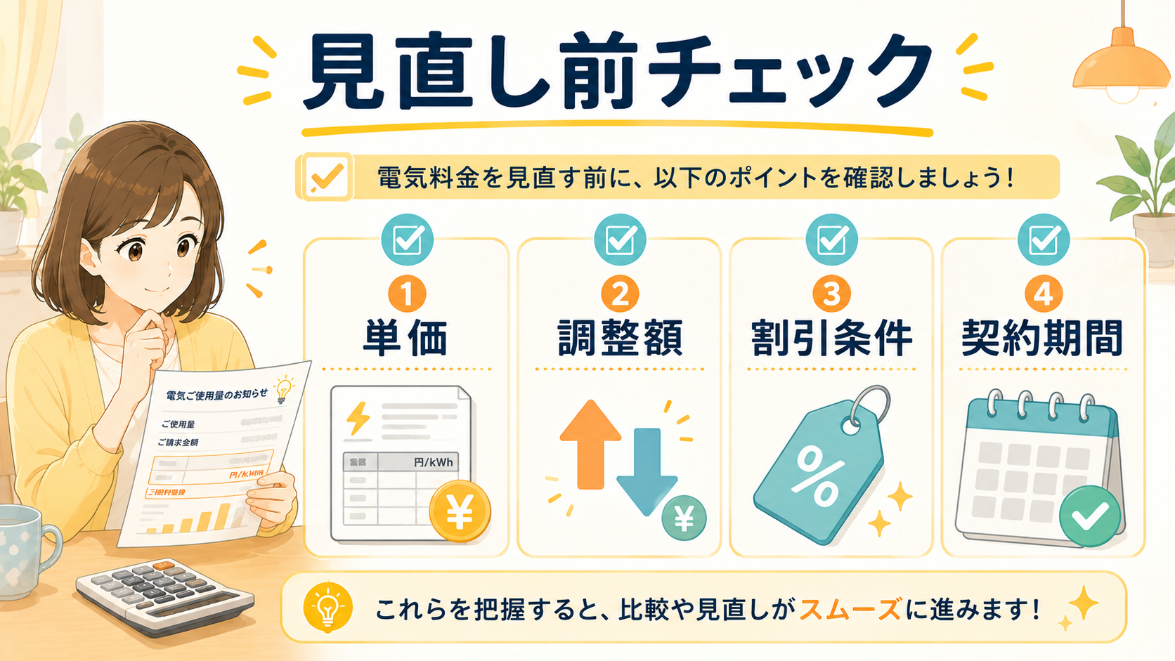 電気料金見直し前に確認する単価・調整額・割引条件・契約期間のチェックリスト