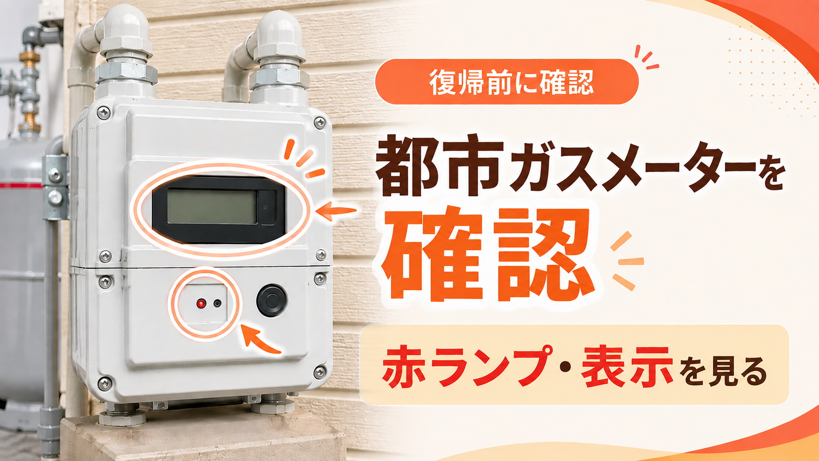 都市ガス用メーターの赤ランプと表示を復帰前に確認するイメージ