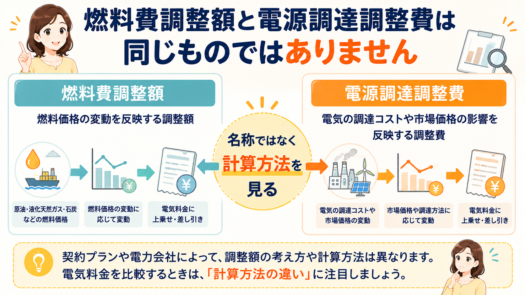 燃料費調整額と電源調達調整費の違いを比較する図解
