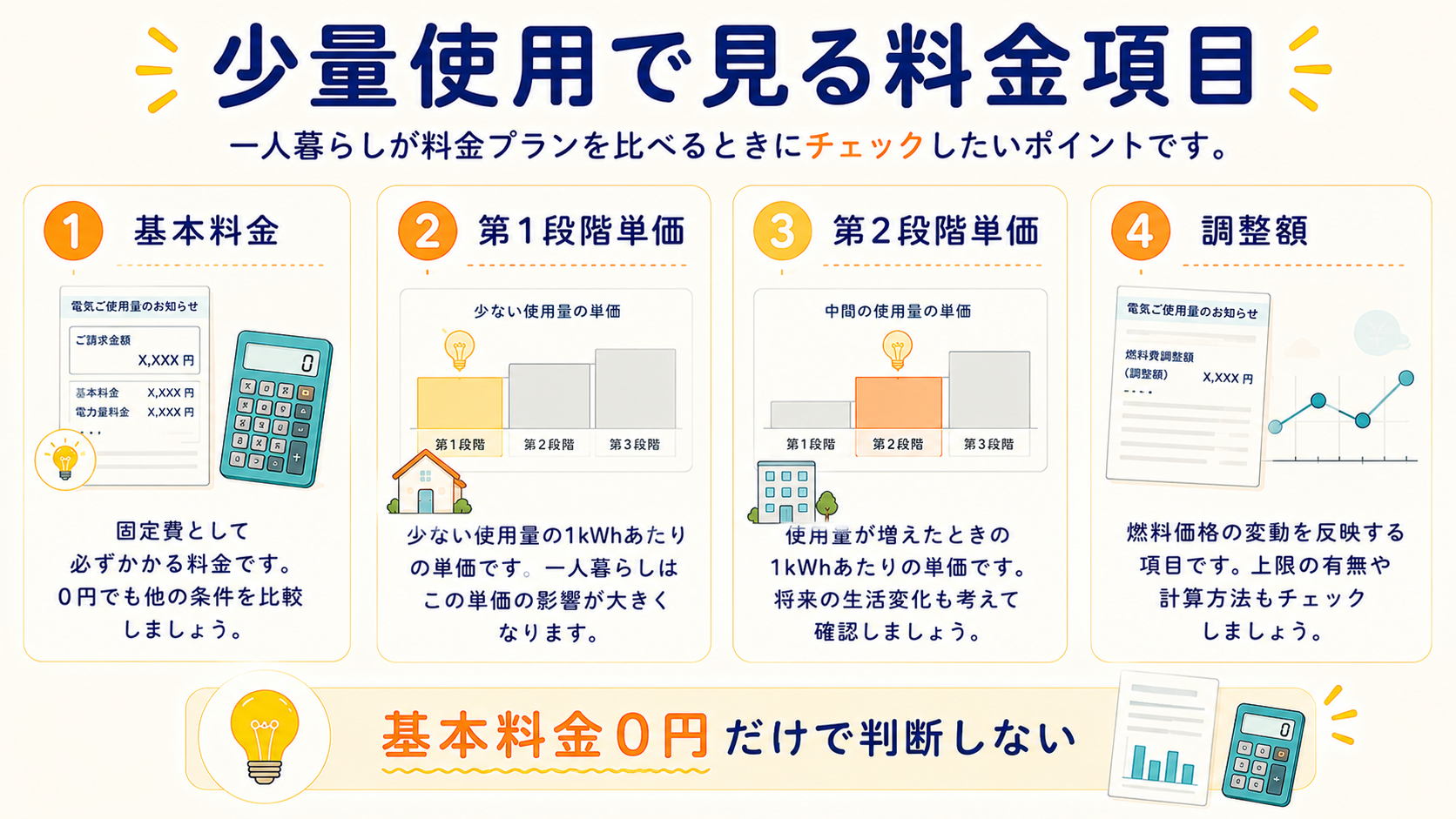 一人暮らしで基本料金と少量帯の単価を比較する図解