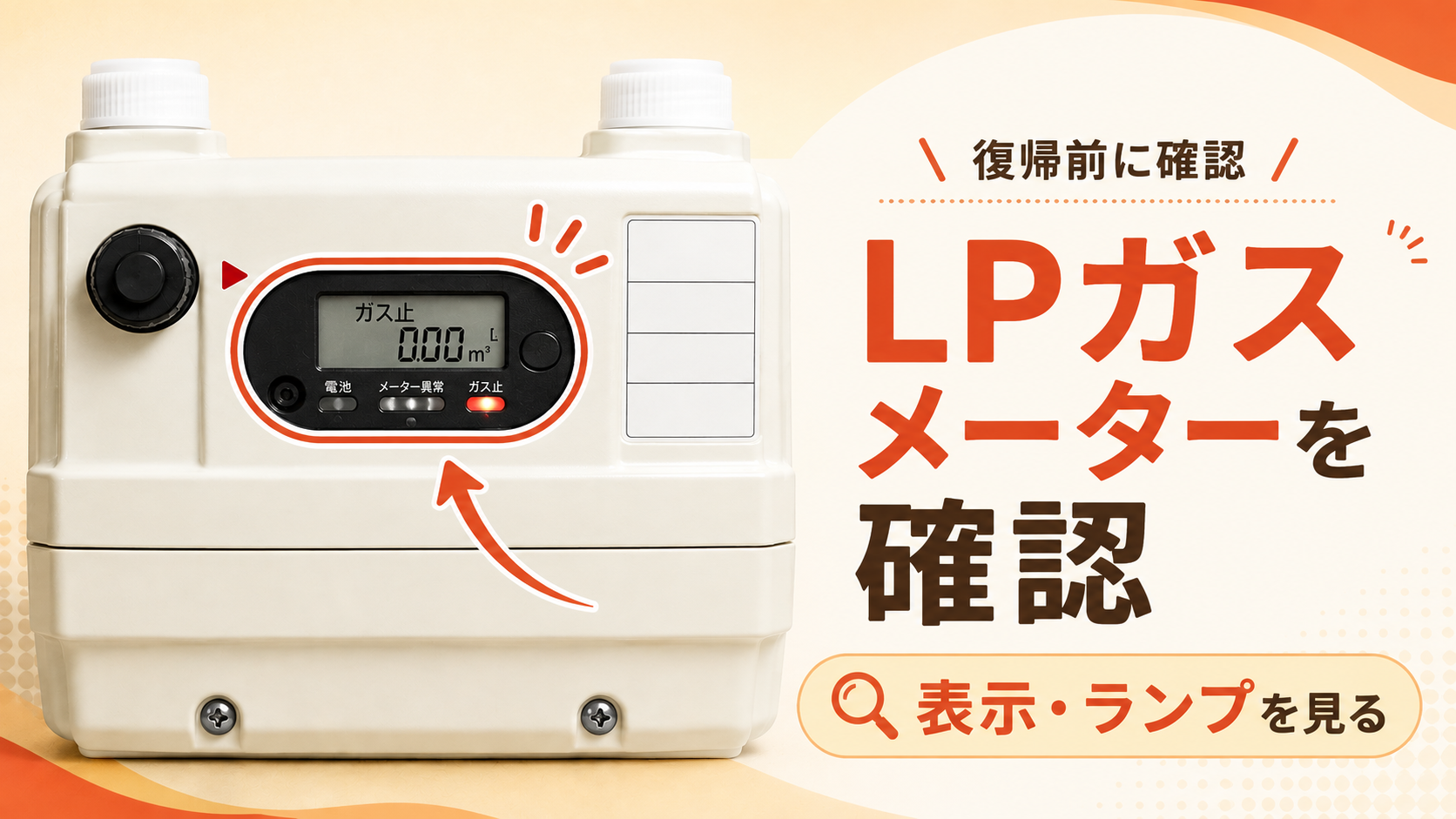 プロパンガス用メーターの表示部と赤ランプを復帰前に確認するイメージ