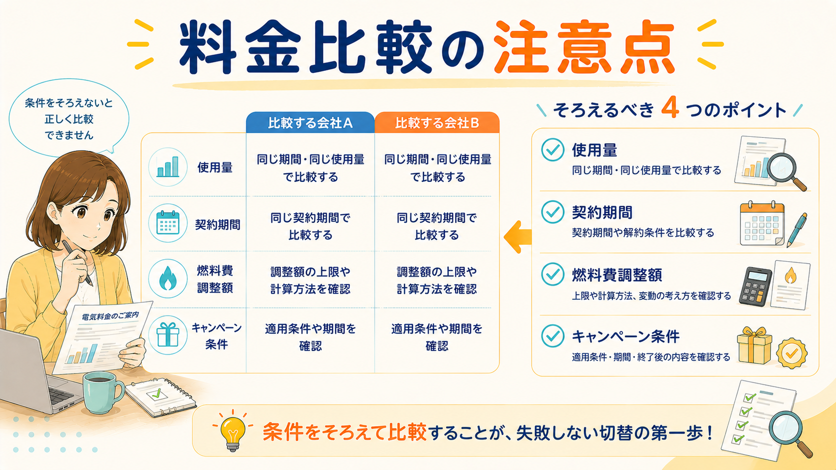 電気料金比較で調整額や期間をそろえる図解