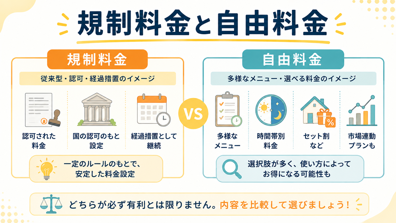 規制料金と自由料金の違いを左右で比較した図解