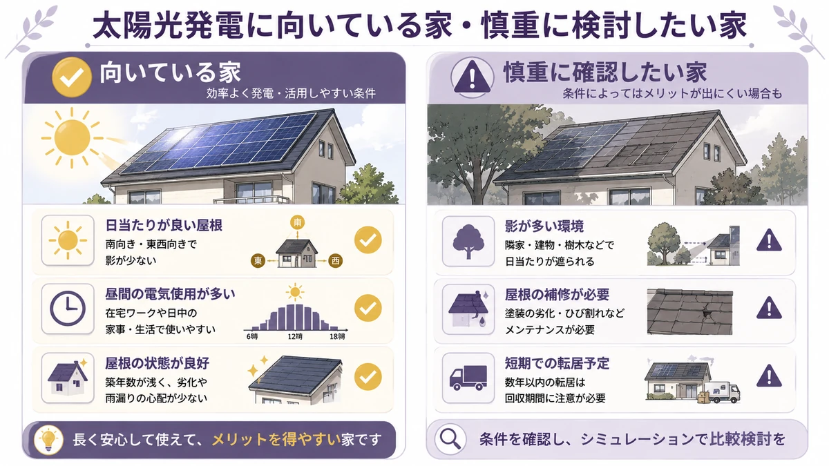 太陽光発電に向いている家・慎重に検討したい家を整理した図解