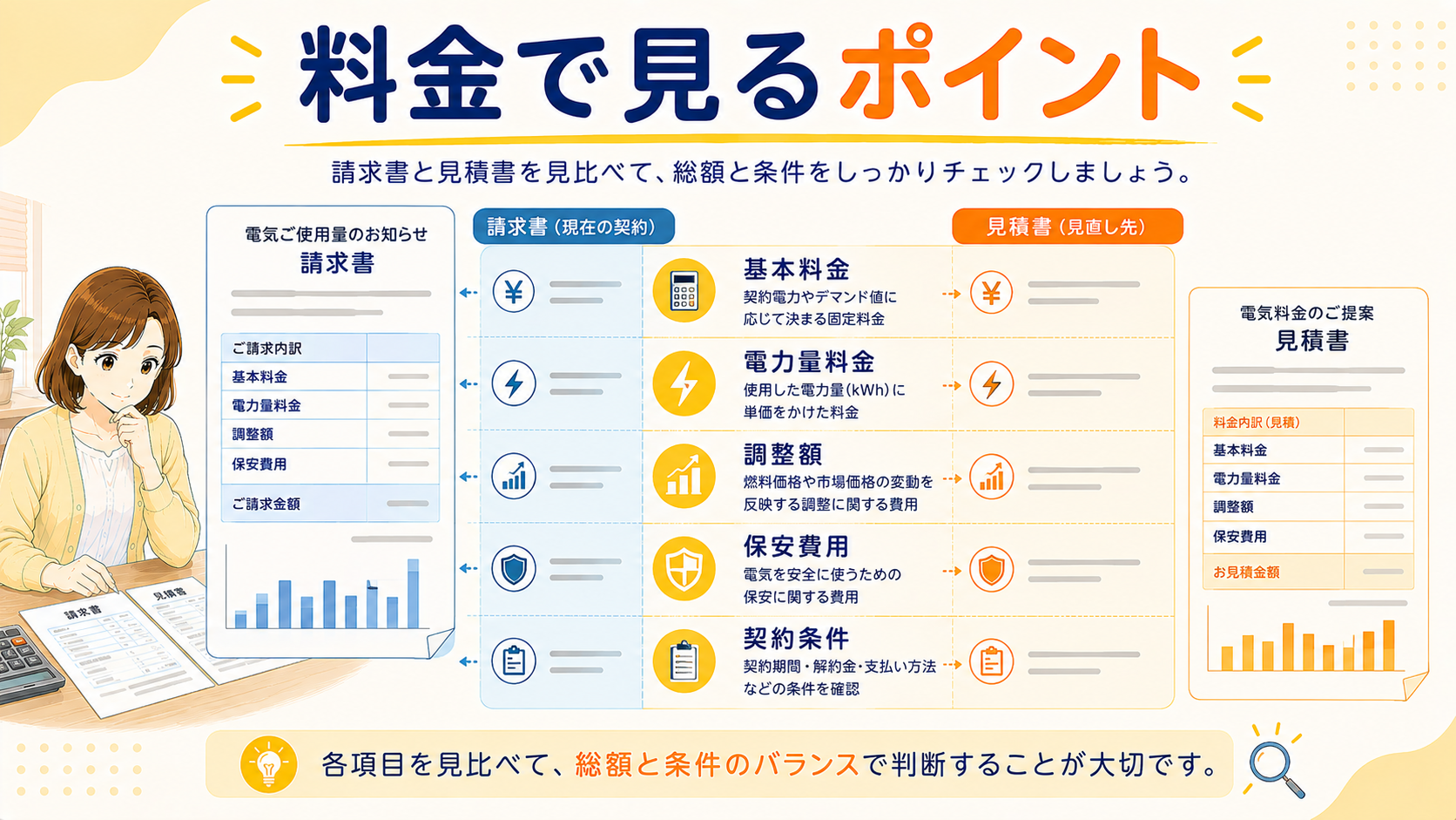 高圧電力で電力量単価以外に見る費用の比較図