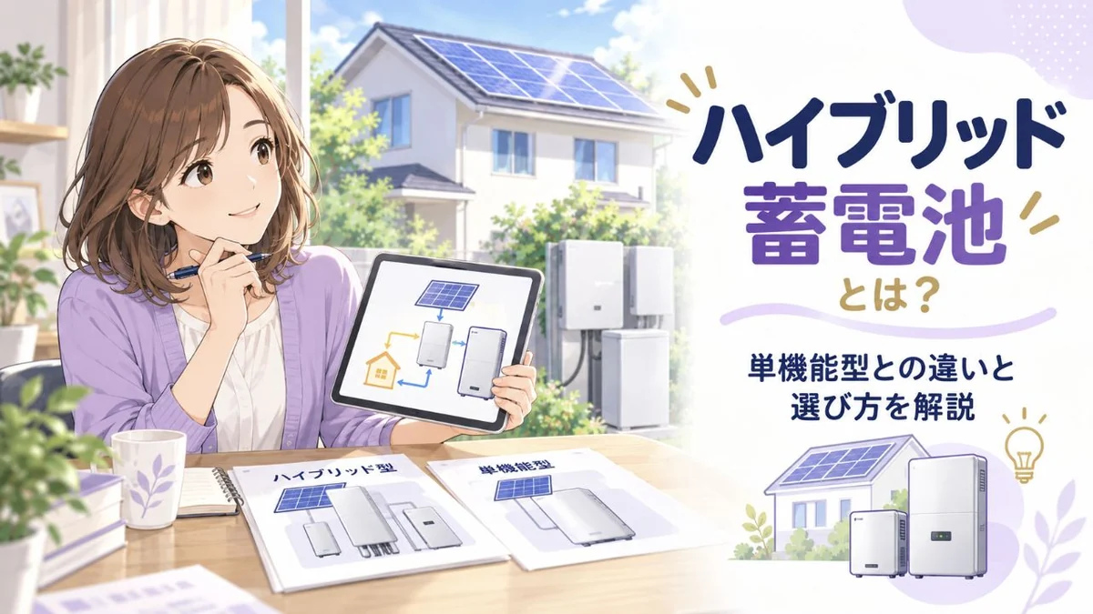 ハイブリッド蓄電池と単機能型の違いを確認する日本人女性のアイキャッチ