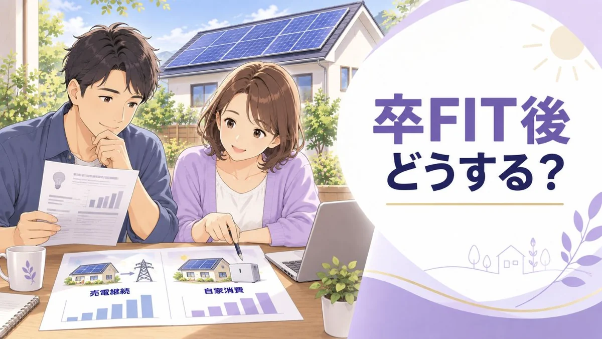 卒FIT後の売電継続と蓄電池自家消費を家族が比較しているアイキャッチ