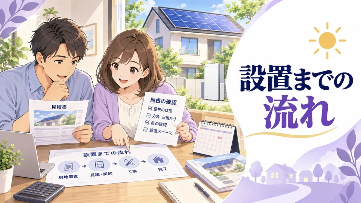 太陽光発電と蓄電池の設置までの流れを確認する家族のアイキャッチ