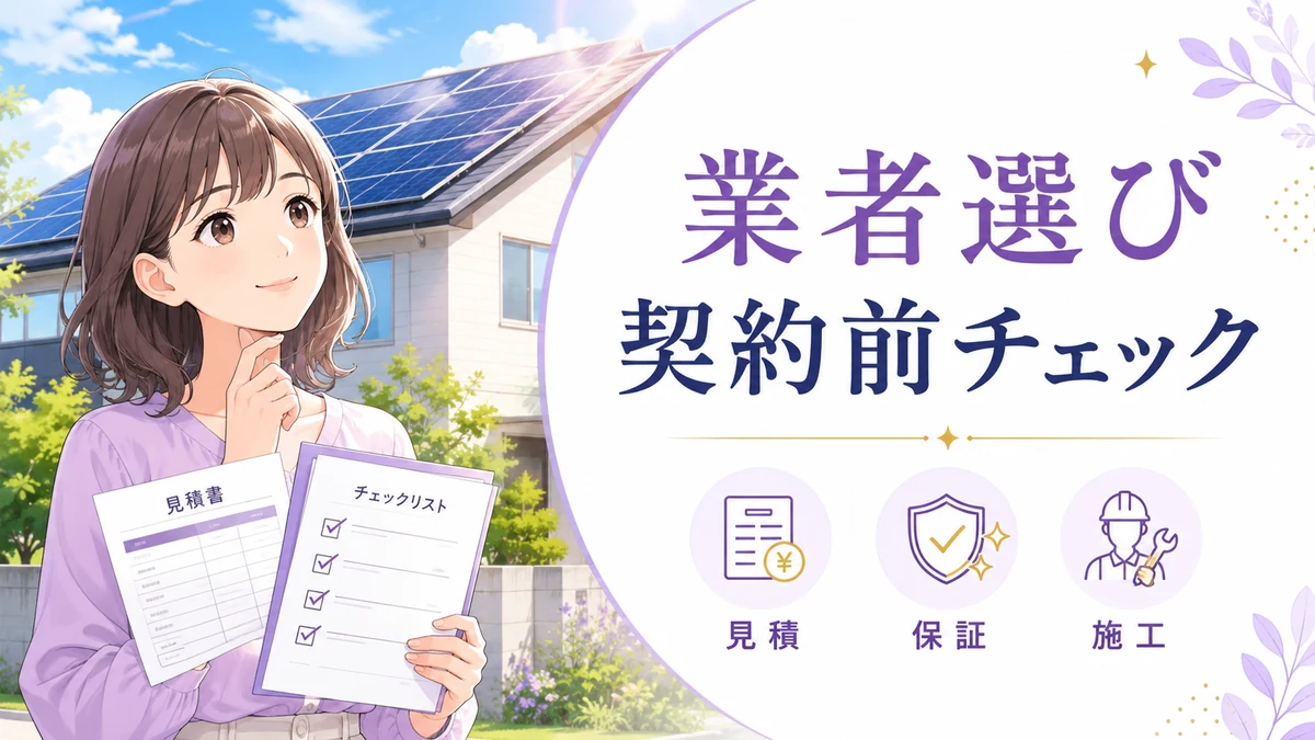 太陽光発電の業者選びで見積書とチェックリストを確認する日本人夫婦のイラスト