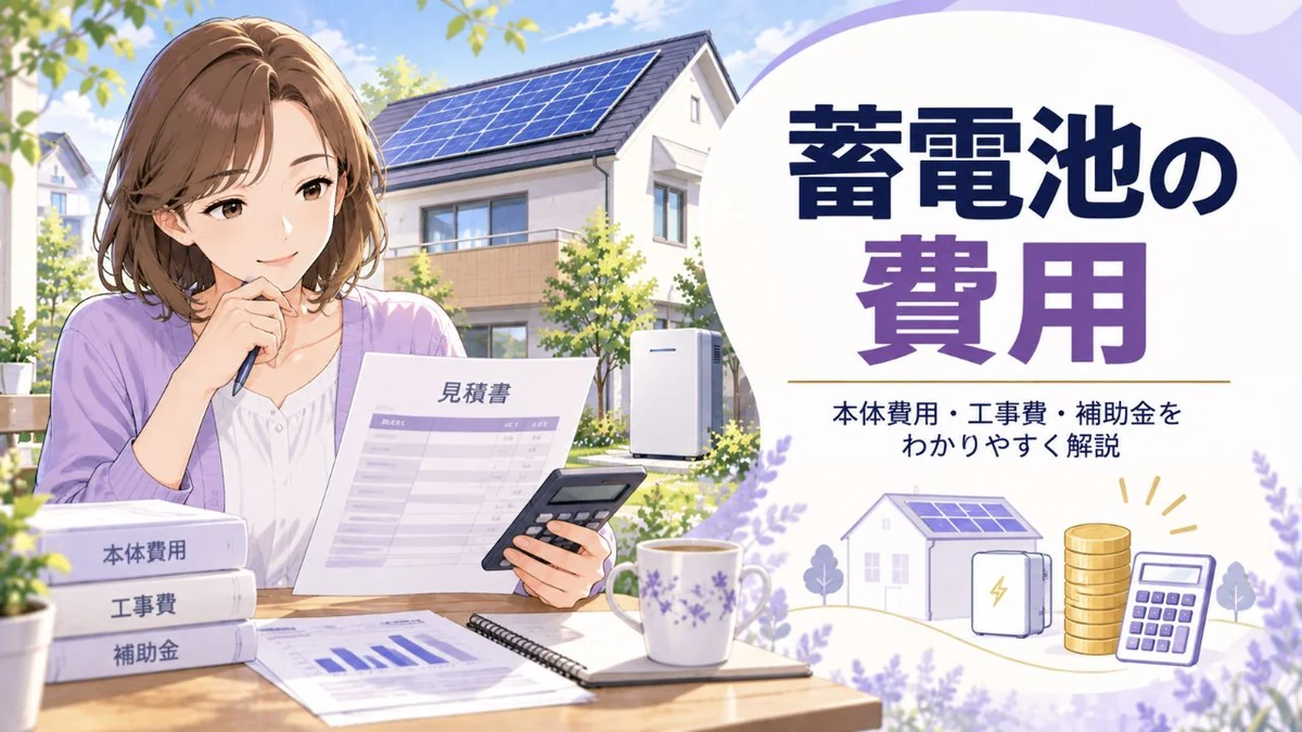 家庭用蓄電池の費用見積もりを確認する日本人女性のアイキャッチ