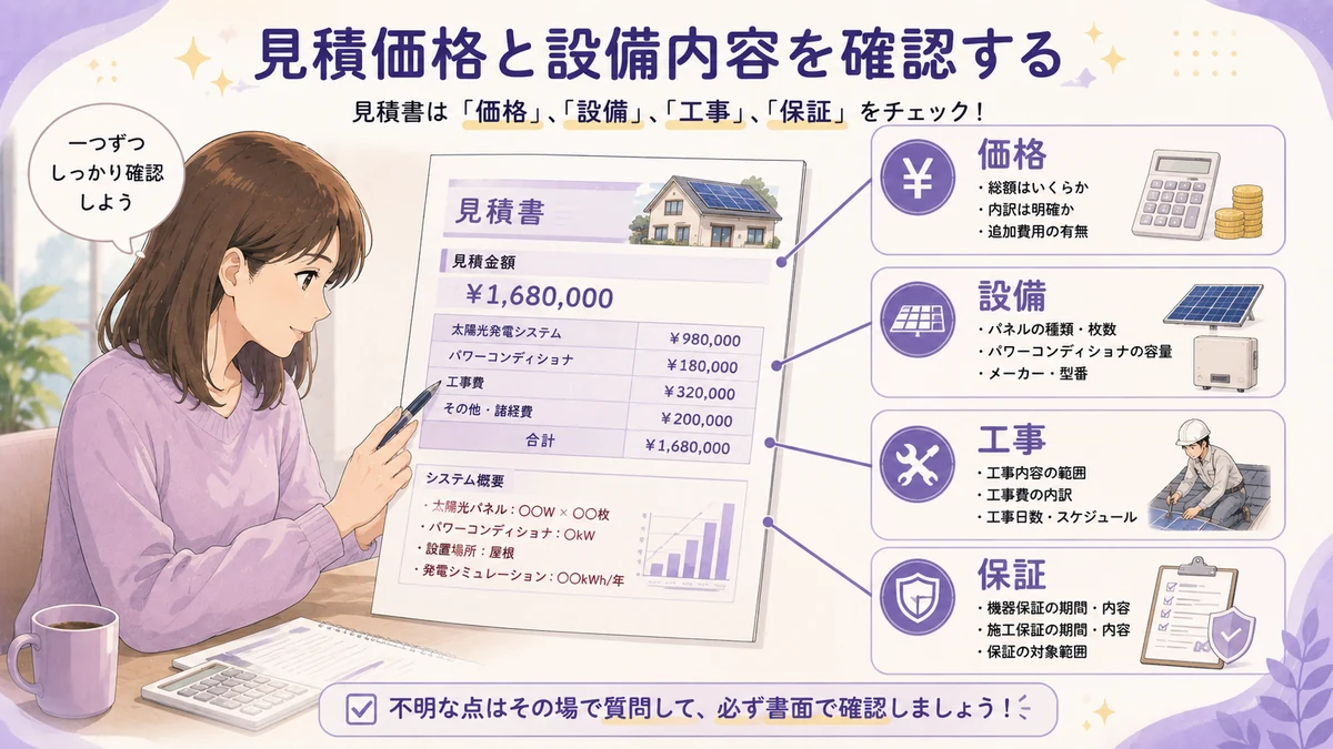訪問販売の太陽光発電見積もりで価格と設備内容を確認する図解