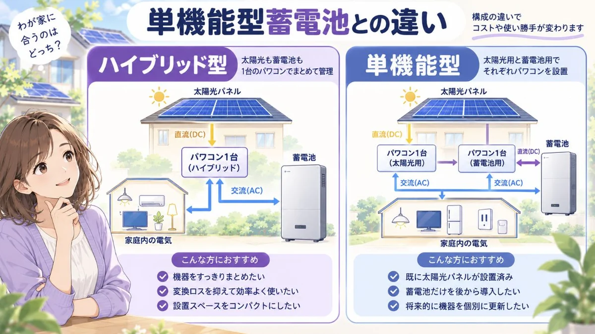 ハイブリッド蓄電池と単機能型蓄電池の違いを示す図解