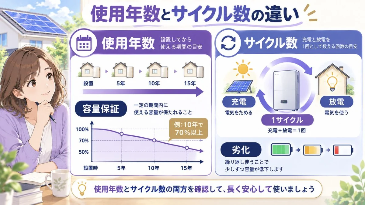 家庭用蓄電池の使用年数とサイクル数の違いを示す図解