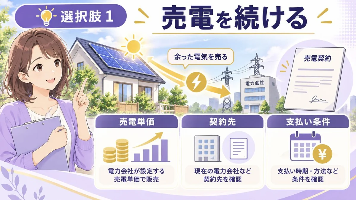 卒FIT後に売電を続ける選択肢と確認項目を示す図解